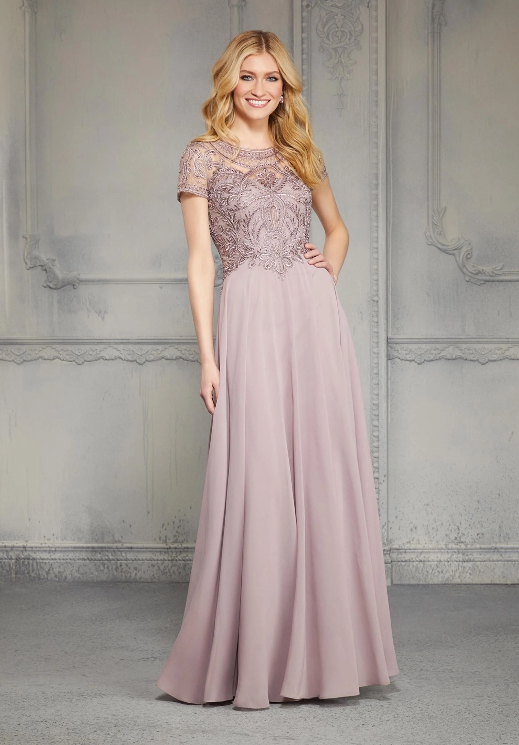 Blush mother of the bride dress with beaded bodice at Lady Swan Bridal & Atelier